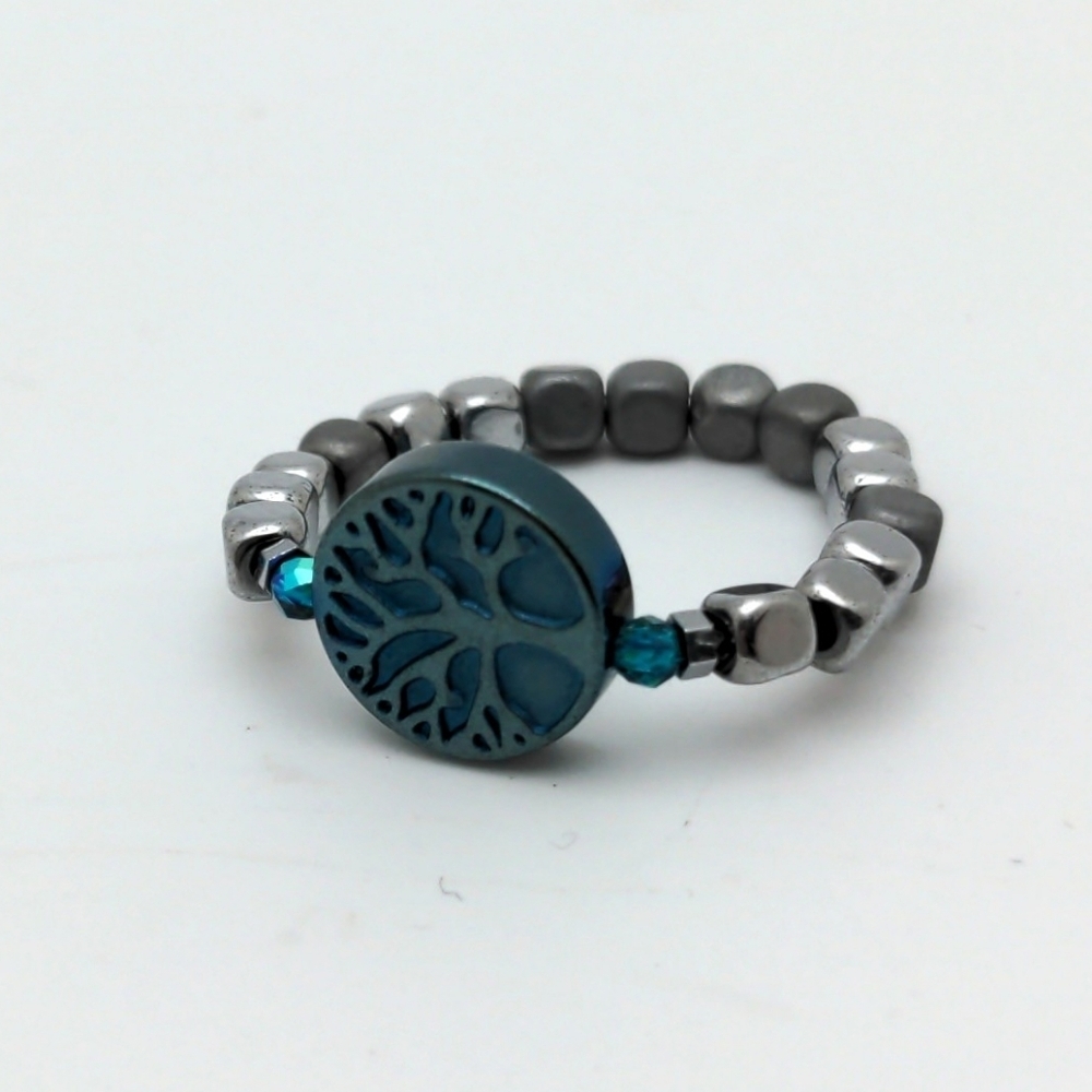 381MIDALANE Tree of Life Blue & Silver Ring